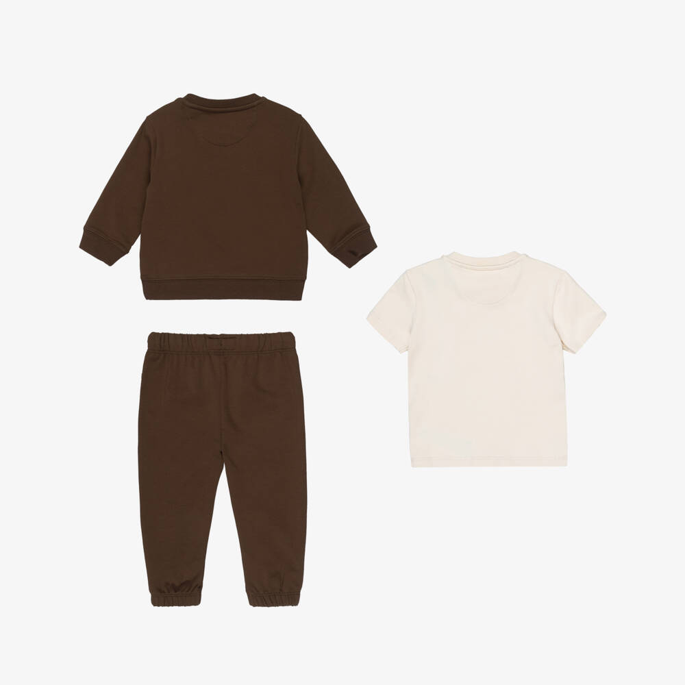 Calvin Klein-Brown Cotton Tracksuit & T-Shirt Set with Monogram Logo | Childrensalon