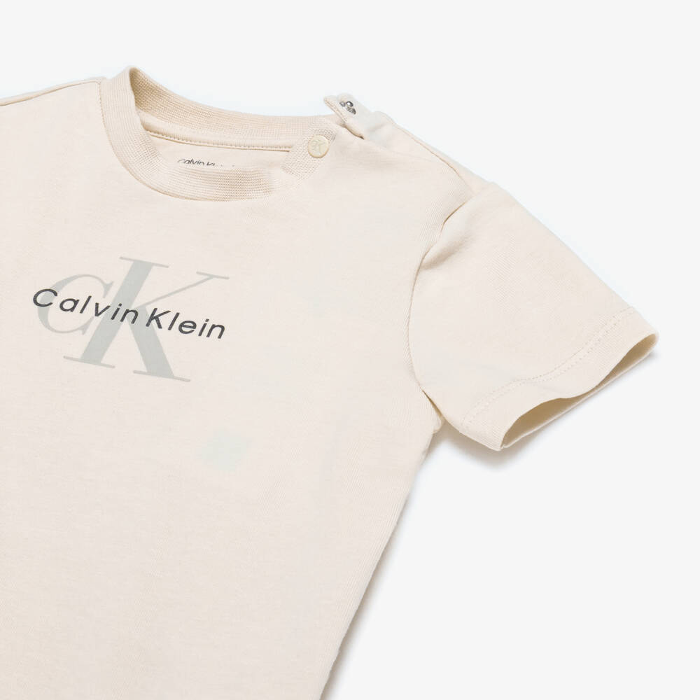 Calvin Klein-Brown Cotton Tracksuit & T-Shirt Set with Monogram Logo | Childrensalon