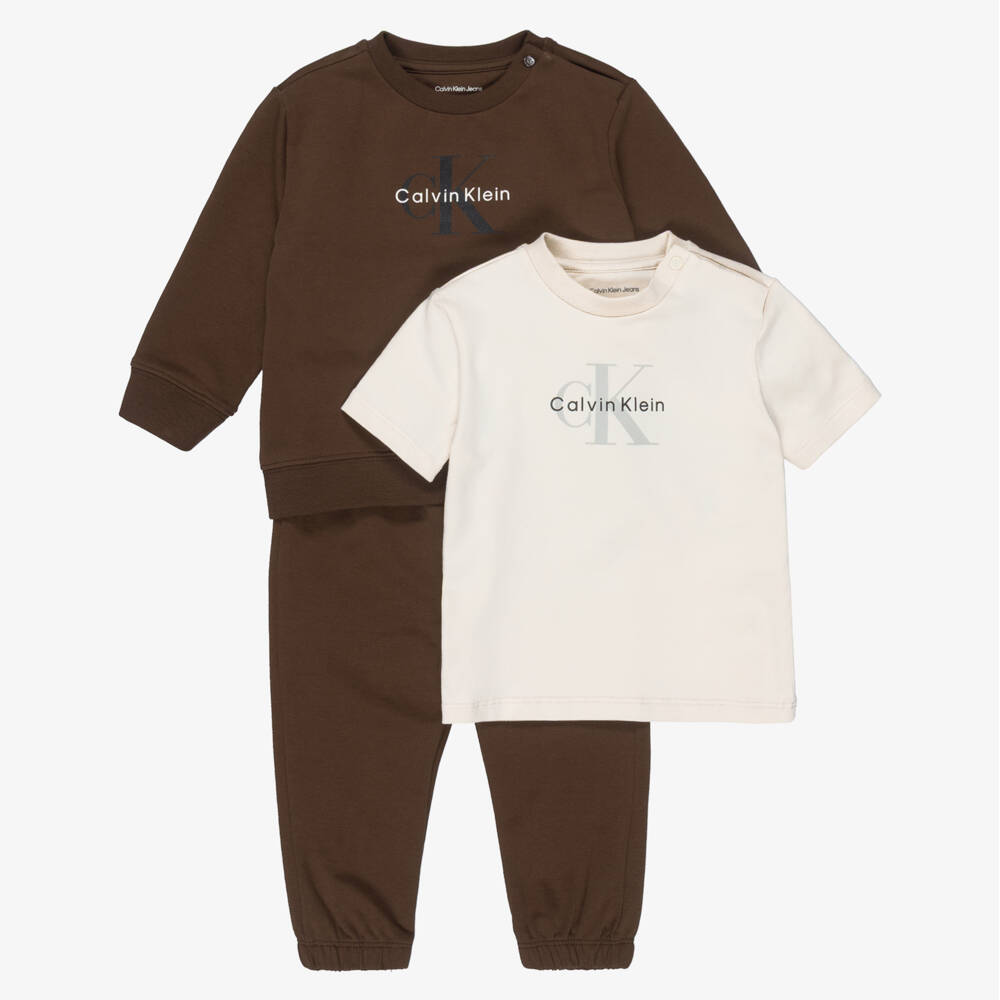 Calvin Klein-Brown Cotton Tracksuit & T-Shirt Set with Monogram Logo | Childrensalon