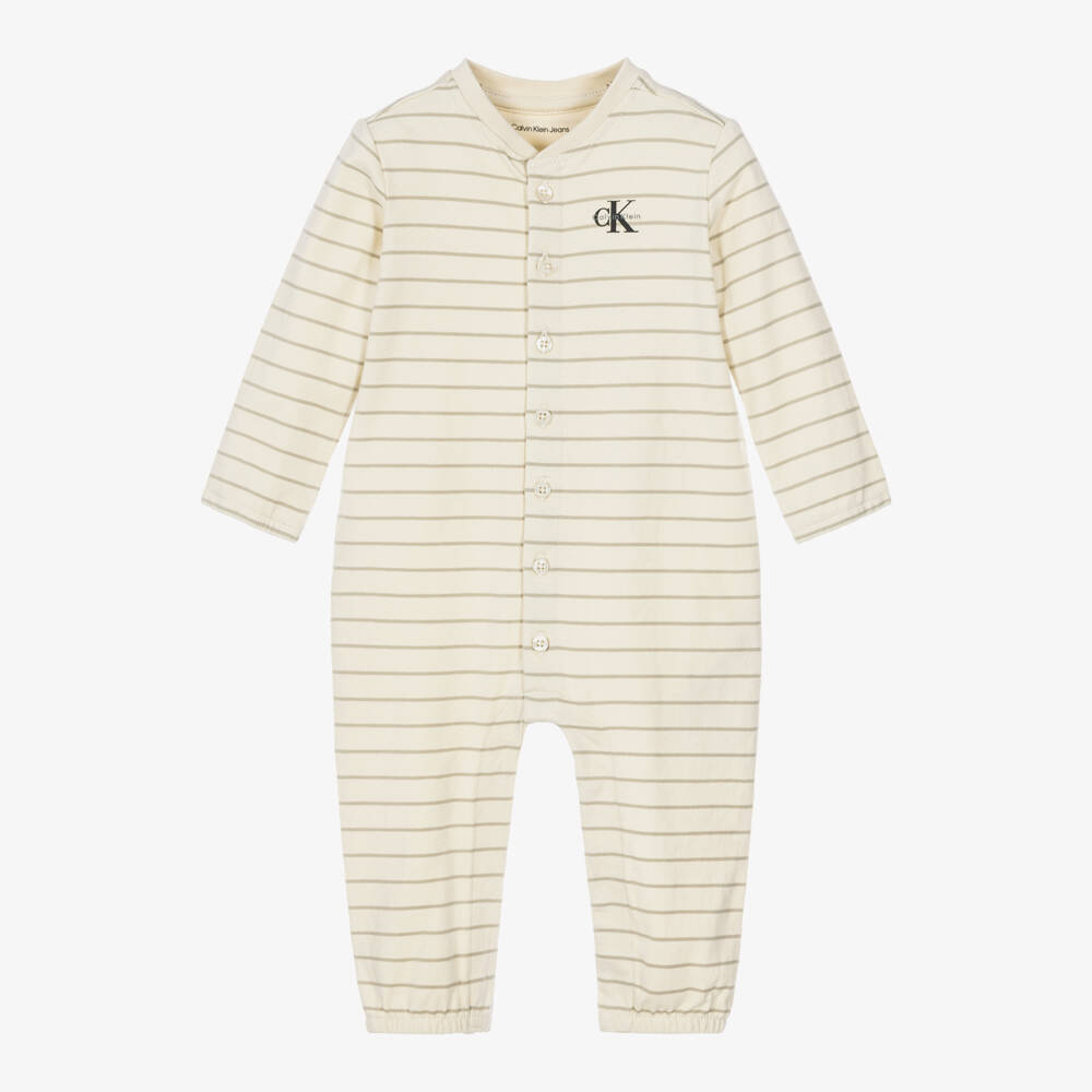 Calvin Klein-Cream Cotton Jersey Romper with Stripes | Childrensalon