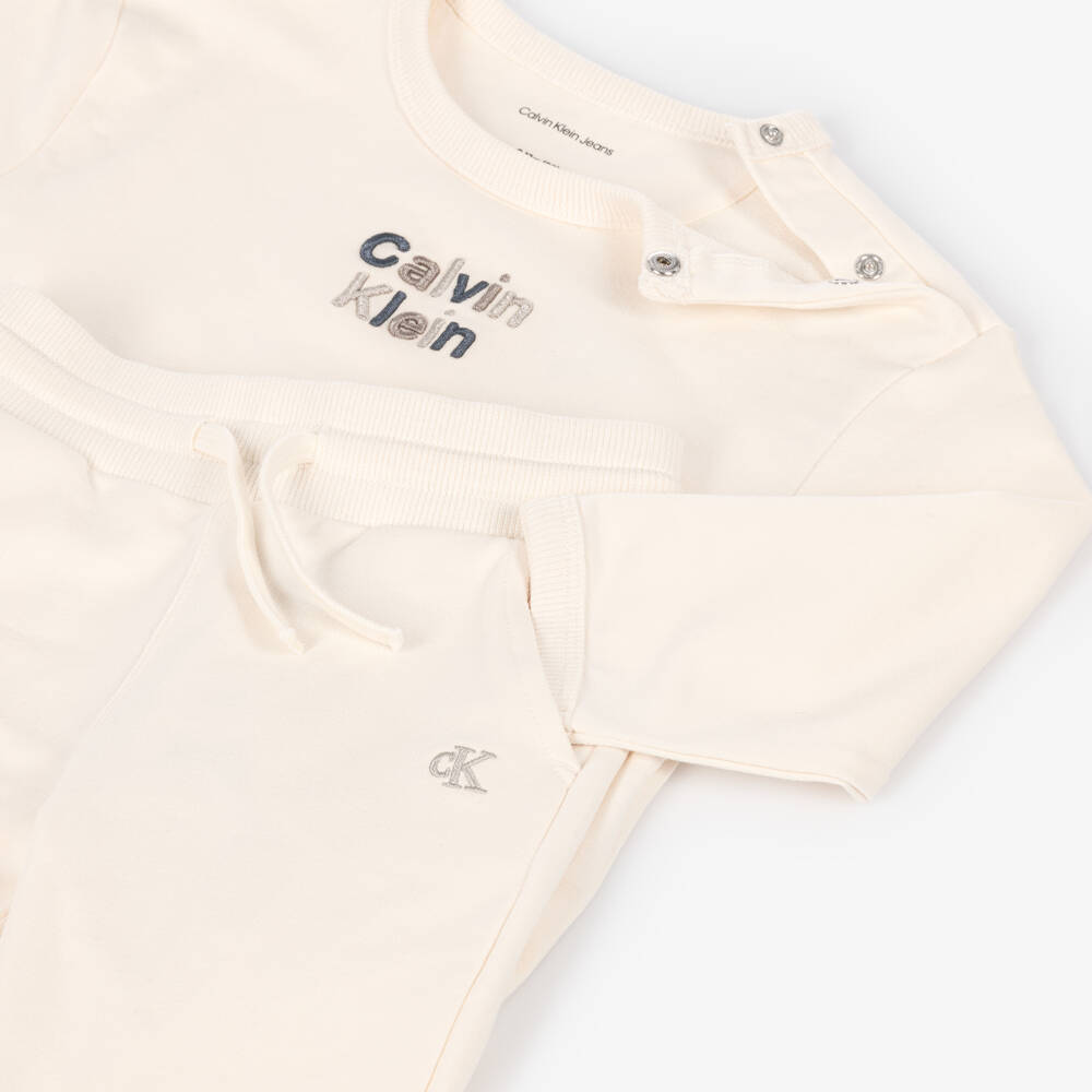Calvin Klein-Cream Organic Cotton Tracksuit with Embroidered Logo | Childrensalon