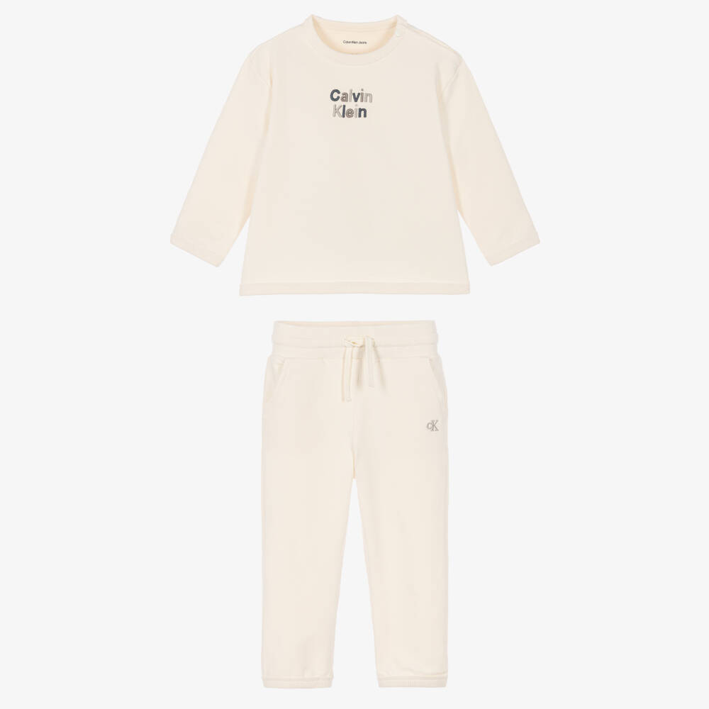Calvin Klein-Cream Organic Cotton Tracksuit with Embroidered Logo | Childrensalon