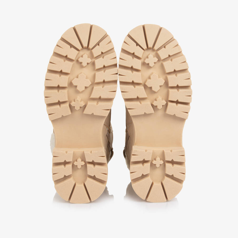 Calvin Klein-Girls Beige Faux Leather Lace Up Boots with Sherpa Trim | Childrensalon
