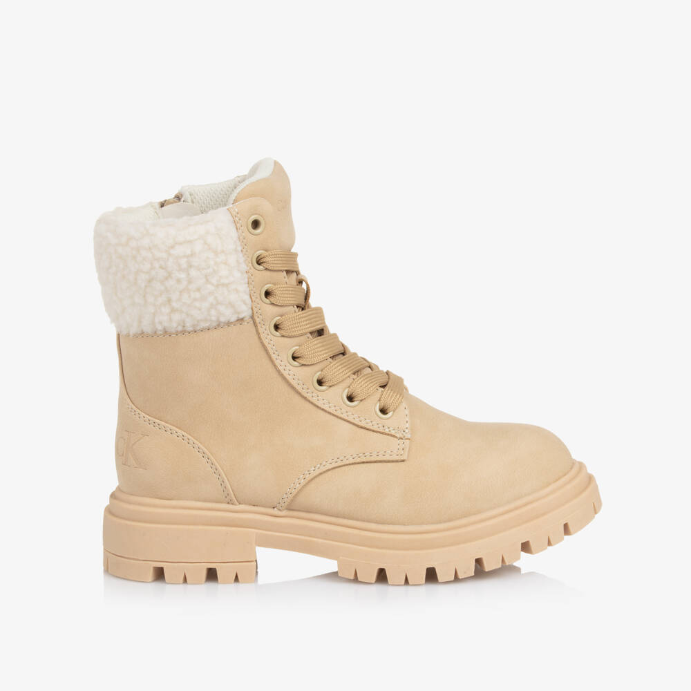 Calvin Klein-Girls Beige Faux Leather Lace Up Boots with Sherpa Trim | Childrensalon