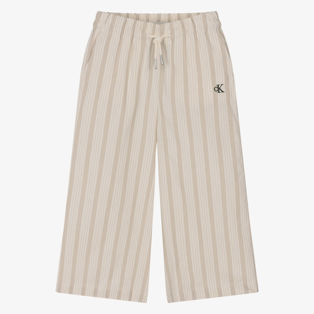 Calvin Klein-Girls Beige Striped Cotton Trousers | Childrensalon