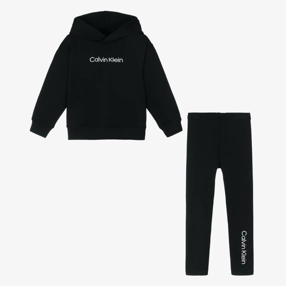 Calvin Klein-Girls Black Cotton Hoodie & Leggings Set | Childrensalon