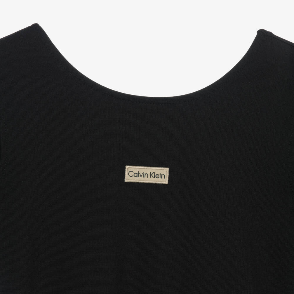 Calvin Klein-Girls Black Cotton Jersey & Satin Dress with Logo Badge | Childrensalon