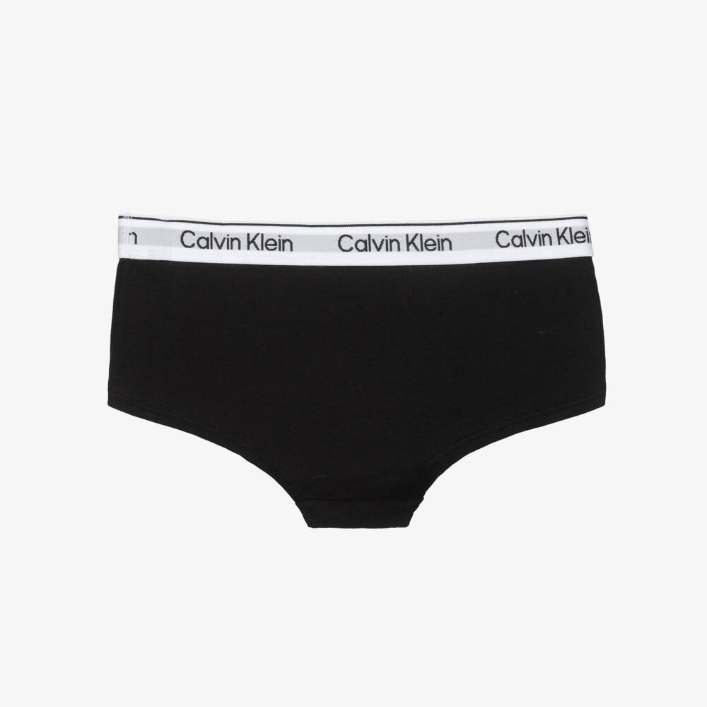 Calvin Klein-Girls Black Cotton Knickers with White Waistband (2 Pack) | Childrensalon