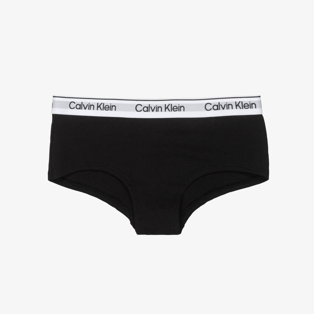 Calvin Klein-Girls Black Cotton Knickers with White Waistband (2 Pack) | Childrensalon