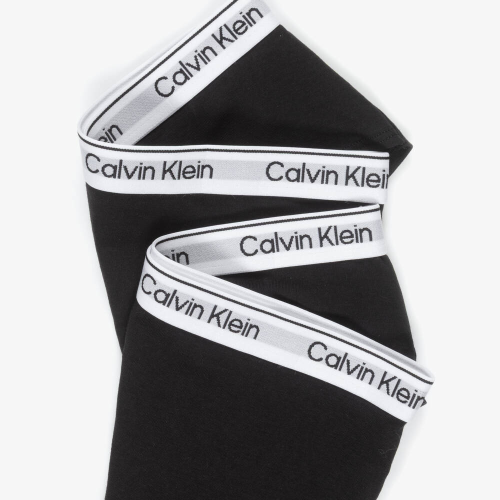Calvin Klein-Girls Black Cotton Knickers with White Waistband (2 Pack) | Childrensalon