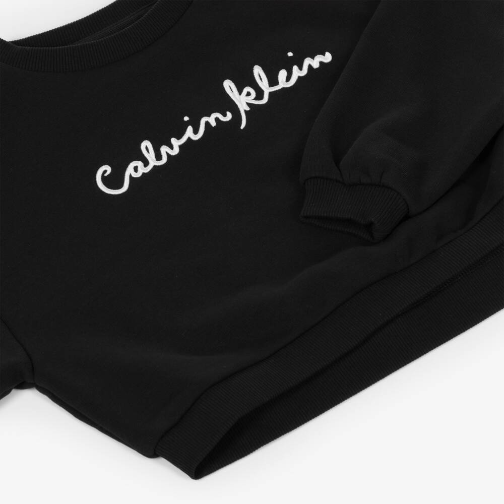 Calvin Klein-Girls Black Cotton Sweatshirt with Embroidered Script Logo | Childrensalon