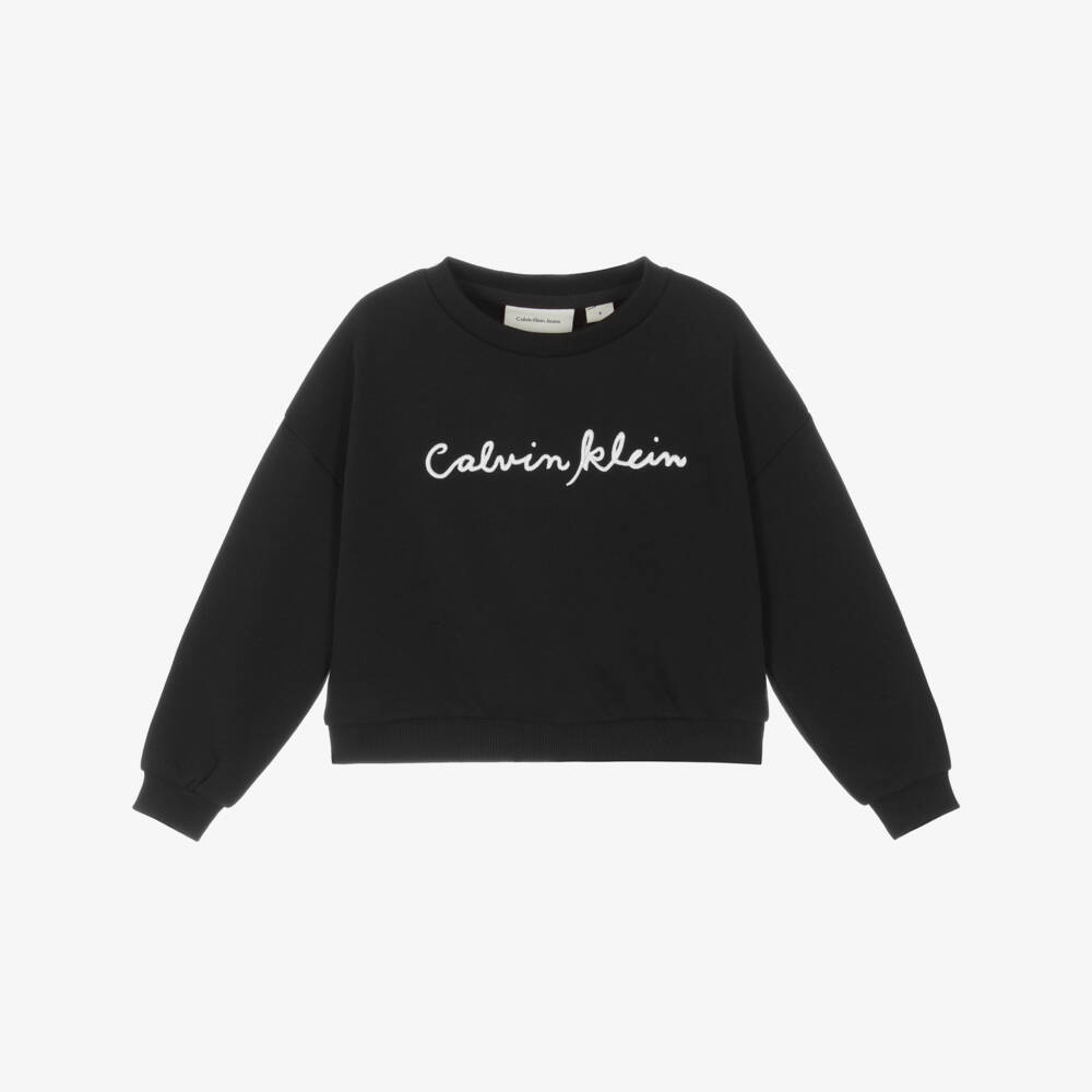 Calvin Klein-Girls Black Cotton Sweatshirt with Embroidered Script Logo | Childrensalon