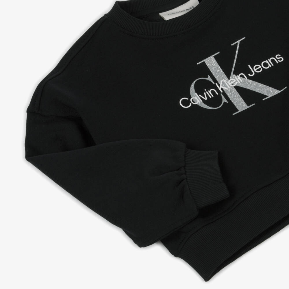 Calvin Klein-Girls Black Cotton Sweatshirt with Glittery Silver Logo | Childrensalon