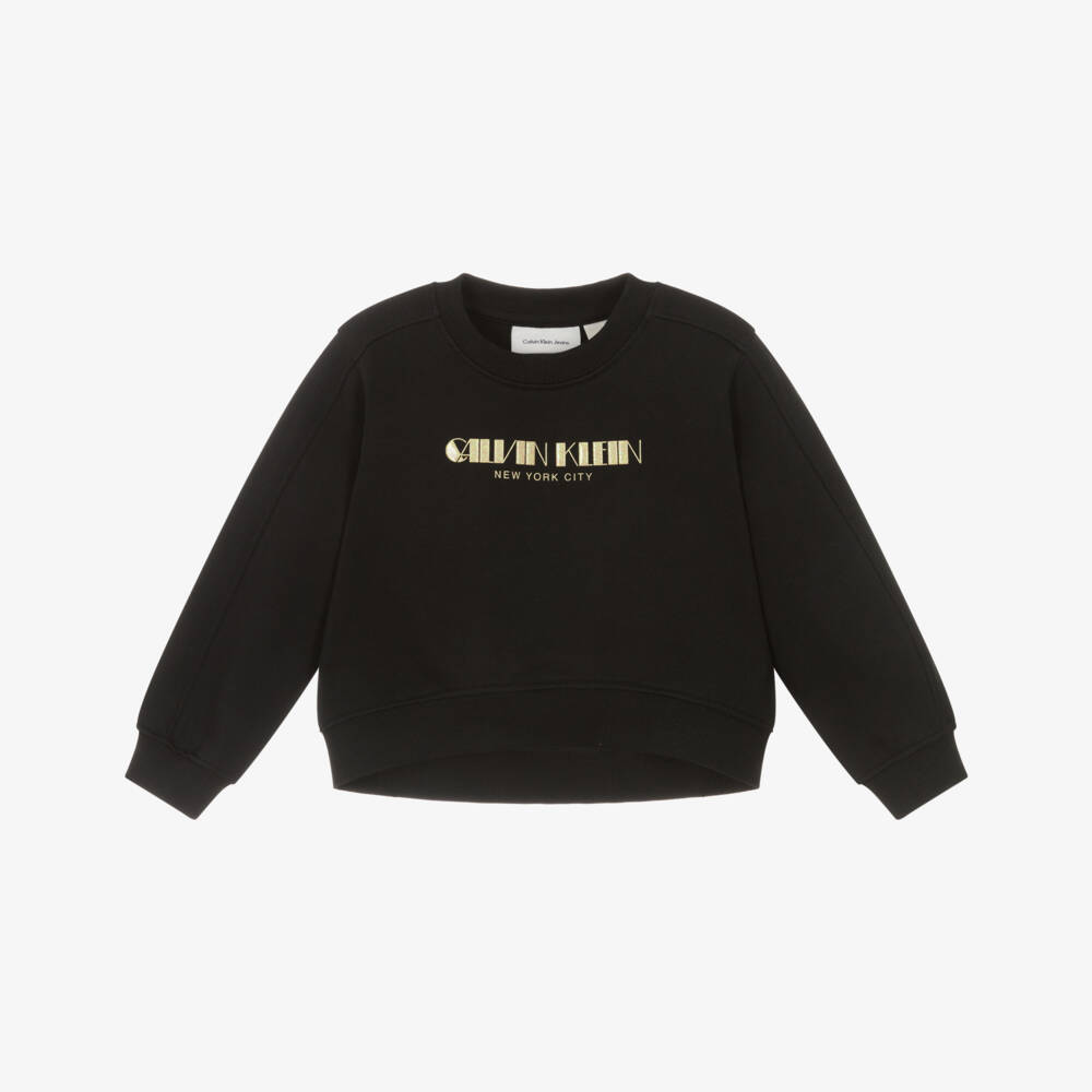 Calvin Klein-Girls Black Cotton Sweatshirt with Sparkly Gold Logo | Childrensalon