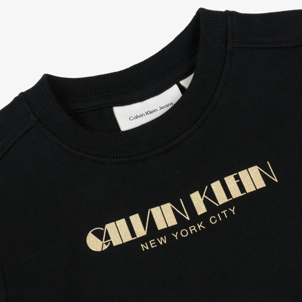 Calvin Klein-Girls Black Cotton Sweatshirt with Sparkly Gold Logo | Childrensalon