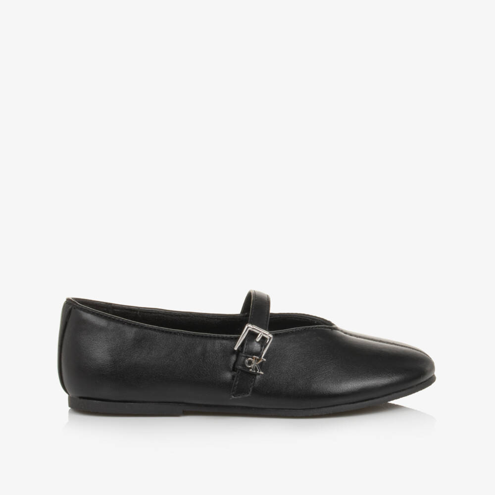 Calvin Klein-Girls Black Faux Leather Ballerina Flats | Childrensalon
