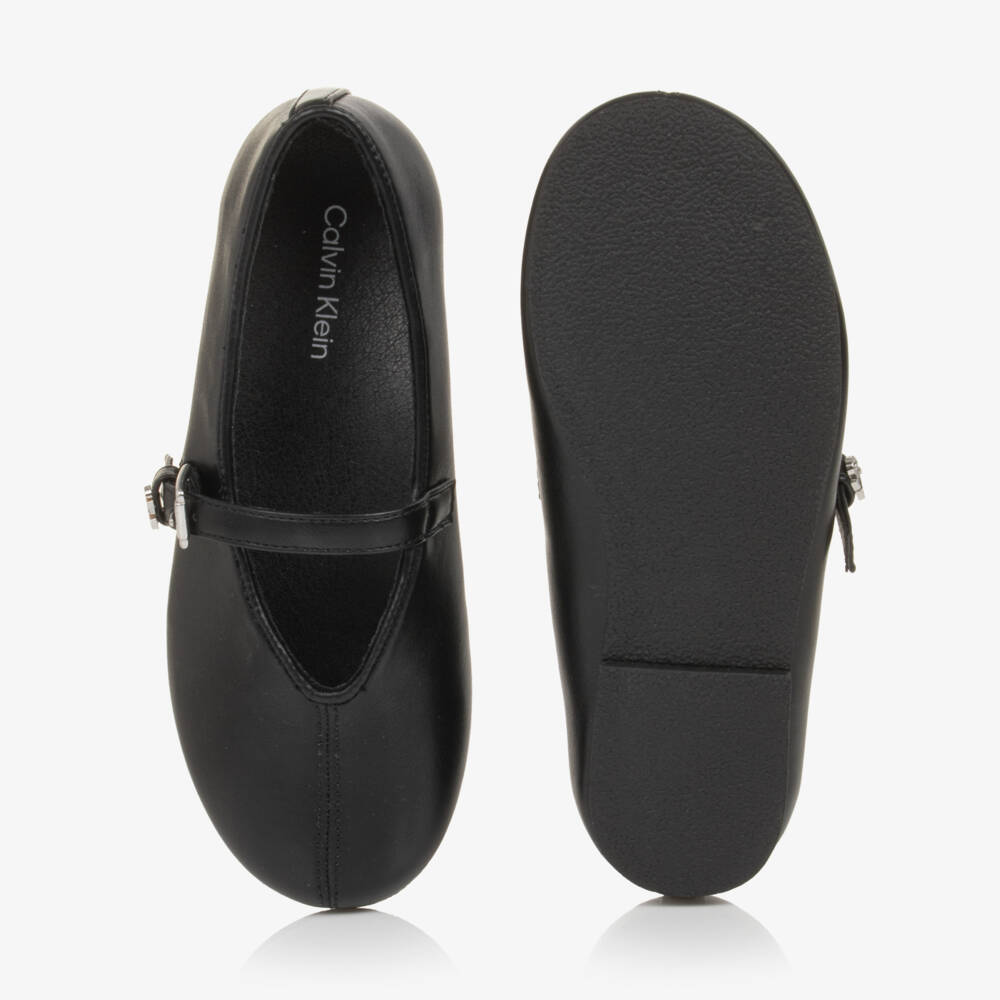 Calvin Klein-Girls Black Faux Leather Ballerina Flats | Childrensalon