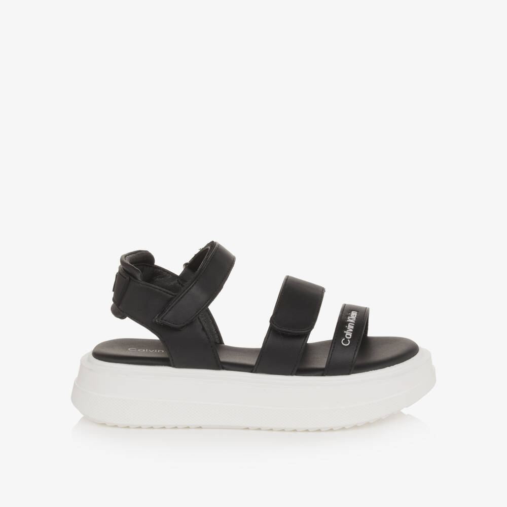 Calvin Klein-Girls Black Faux Leather Sandals with Chunky Soles | Childrensalon