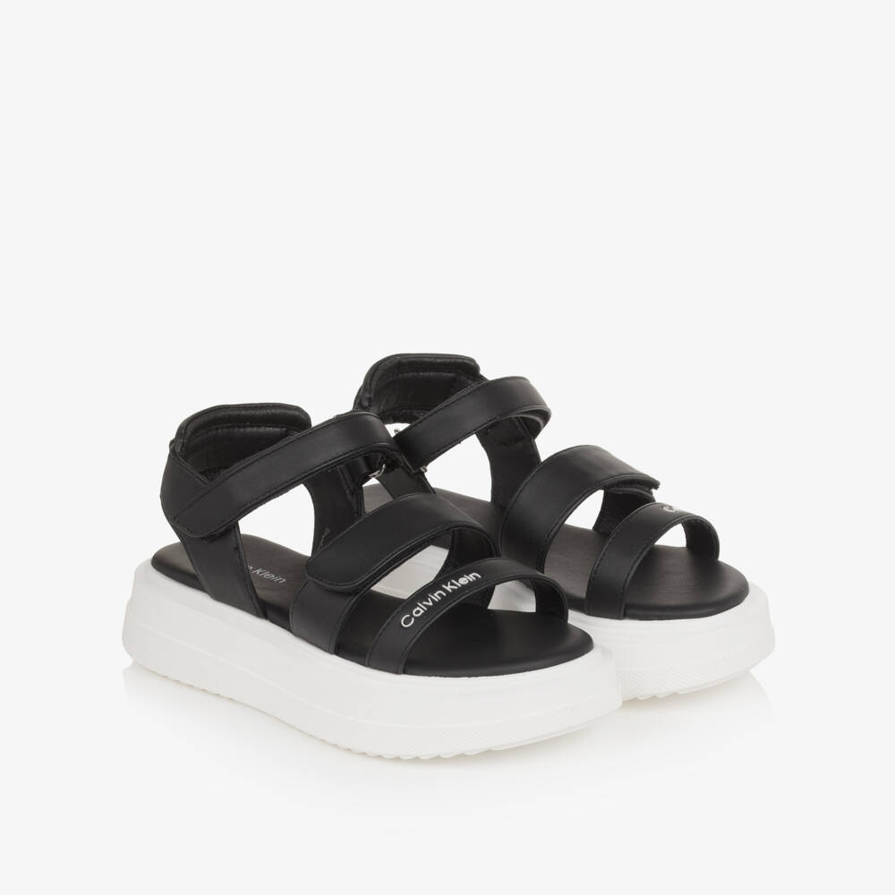 Calvin Klein-Girls Black Faux Leather Sandals with Chunky Soles | Childrensalon