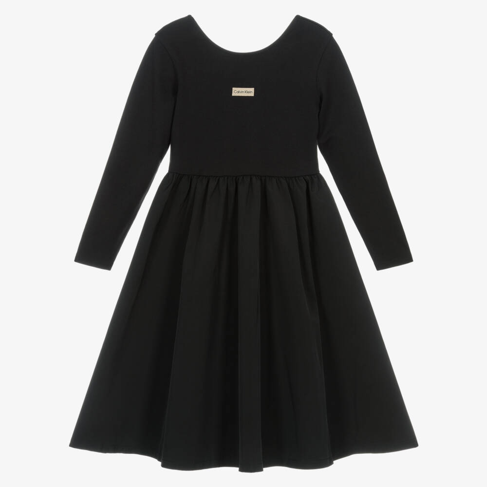 Calvin Klein-Girls Black Jersey & Satin Dress with Logo Badge | Childrensalon
