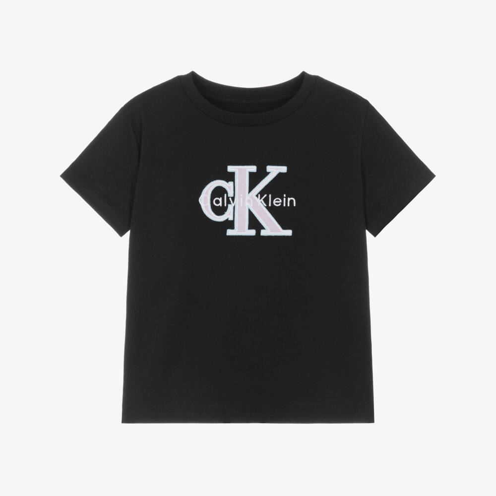 Calvin Klein-Girls Black Monogram Logo T-Shirt | Childrensalon