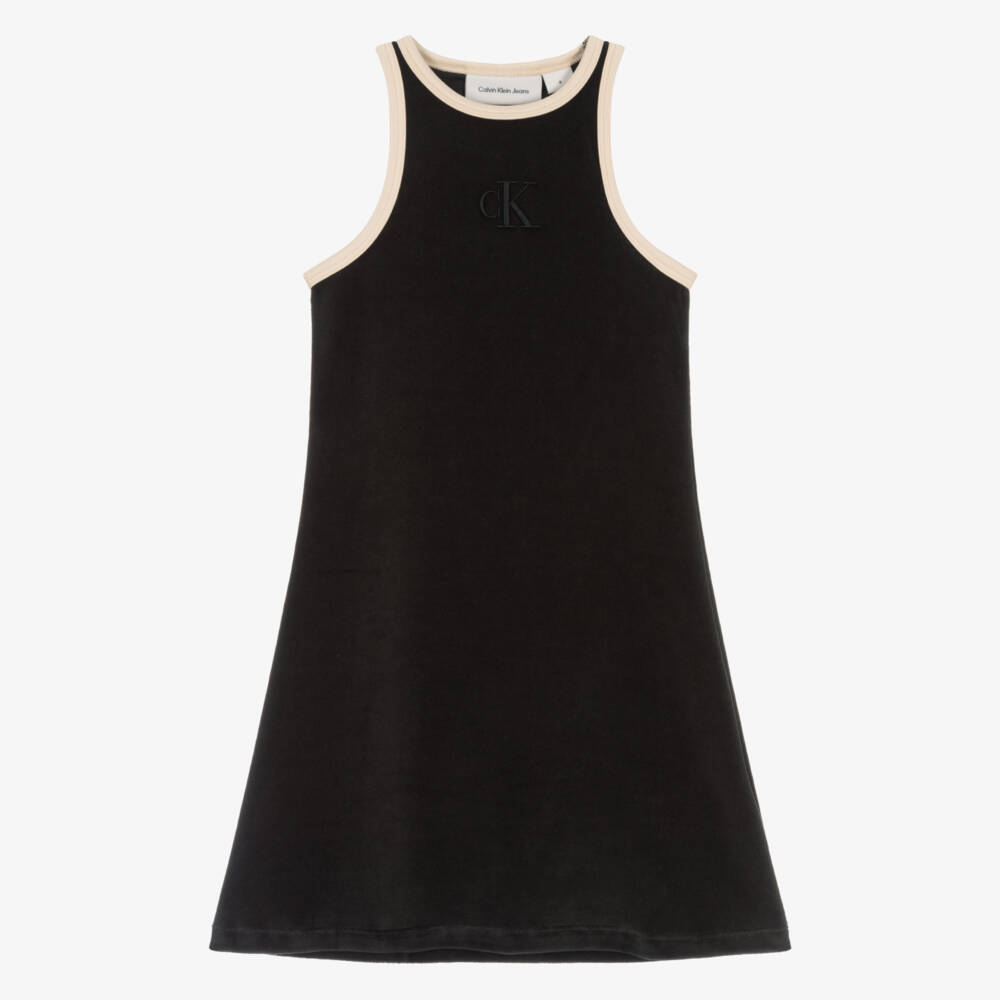 Calvin Klein-Girls Black Velour Dress with Monogram Logo | Childrensalon