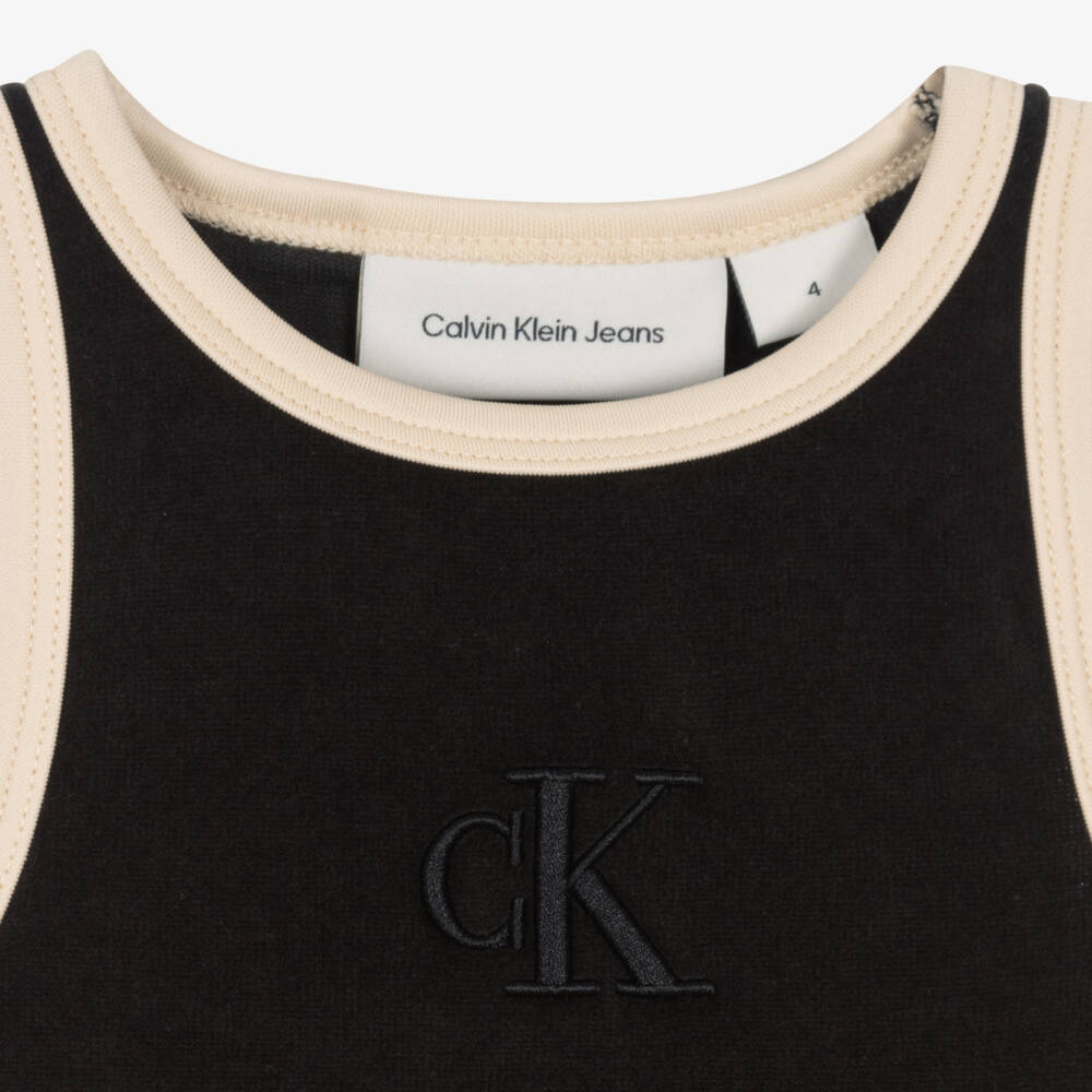 Calvin Klein-Girls Black Velour Dress with Monogram Logo | Childrensalon