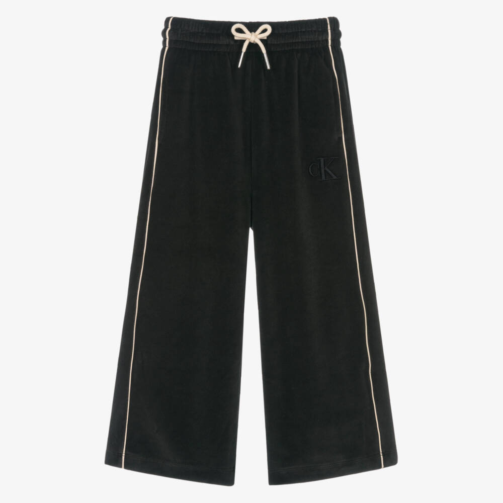 Calvin Klein-Girls Black Velour Joggers with Ivory Piping & Embroidered Logo | Childrensalon