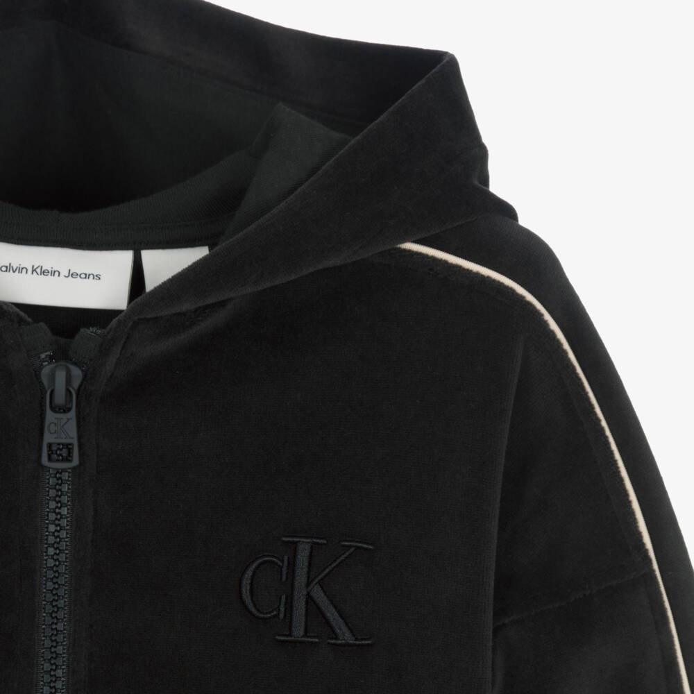 Calvin Klein-Girls Black Velour Zip-Up Top with Ivory Piping | Childrensalon