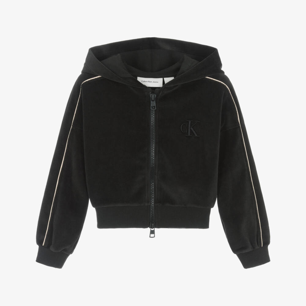 Calvin Klein-Girls Black Velour Zip-Up Top with Ivory Piping | Childrensalon