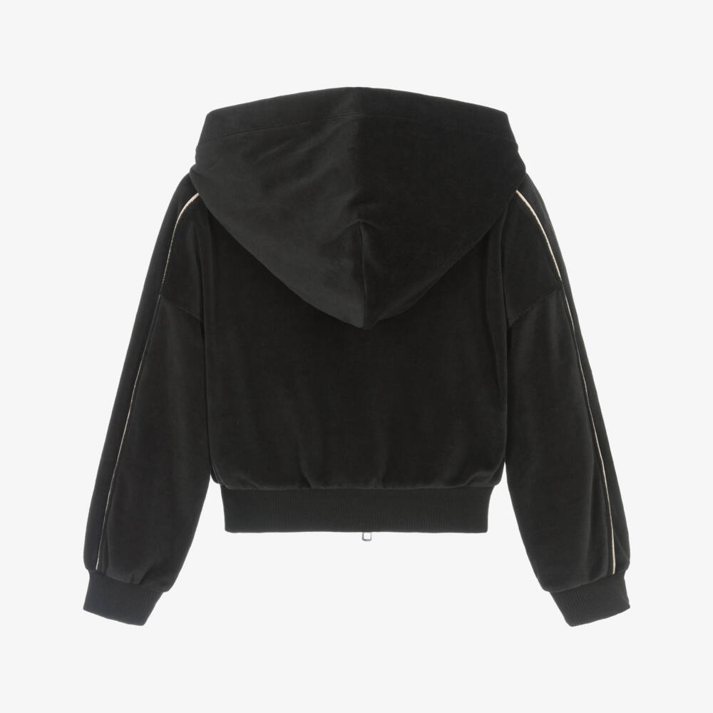 Calvin Klein-Girls Black Velour Zip-Up Top with Ivory Piping | Childrensalon