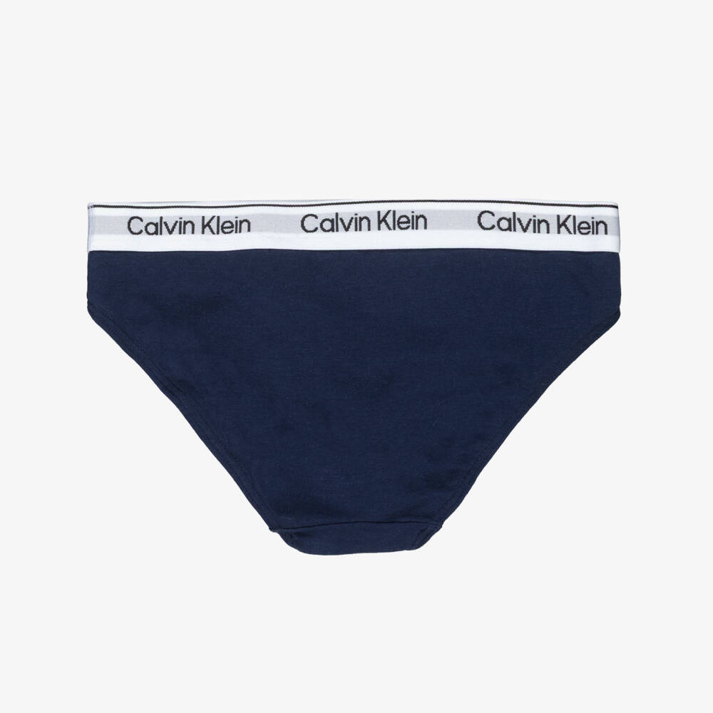 Calvin Klein-Girls Black, White & Blue Cotton Knickers (3 Pack) | Childrensalon