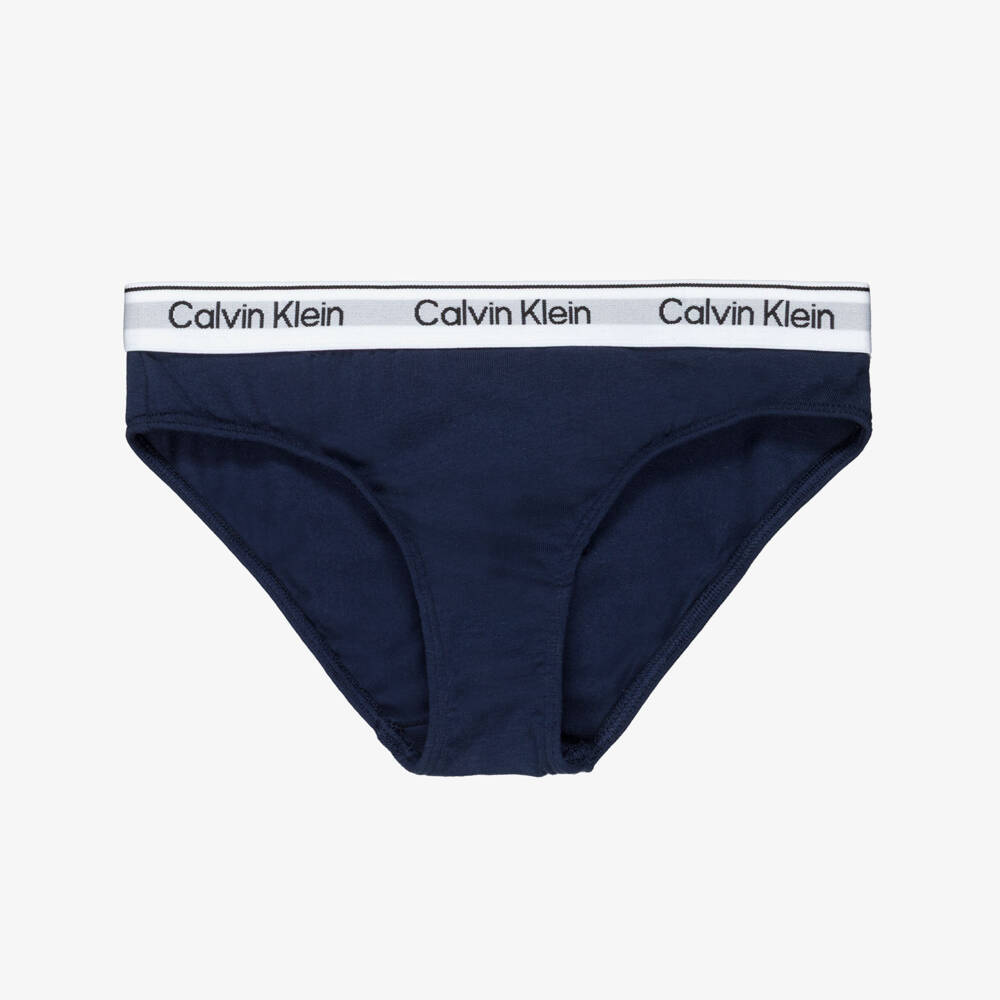 Calvin Klein-Girls Black, White & Blue Cotton Knickers (3 Pack) | Childrensalon