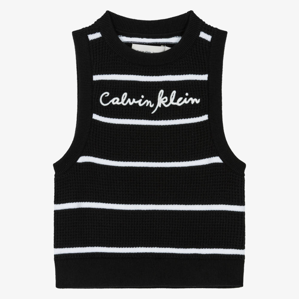 Calvin Klein-Girls Black & White Striped Knit Slipover | Childrensalon