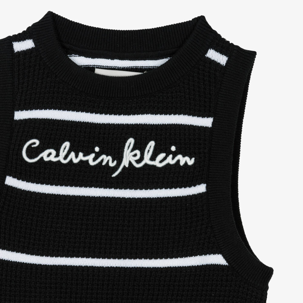 Calvin Klein-Girls Black & White Striped Knit Slipover | Childrensalon