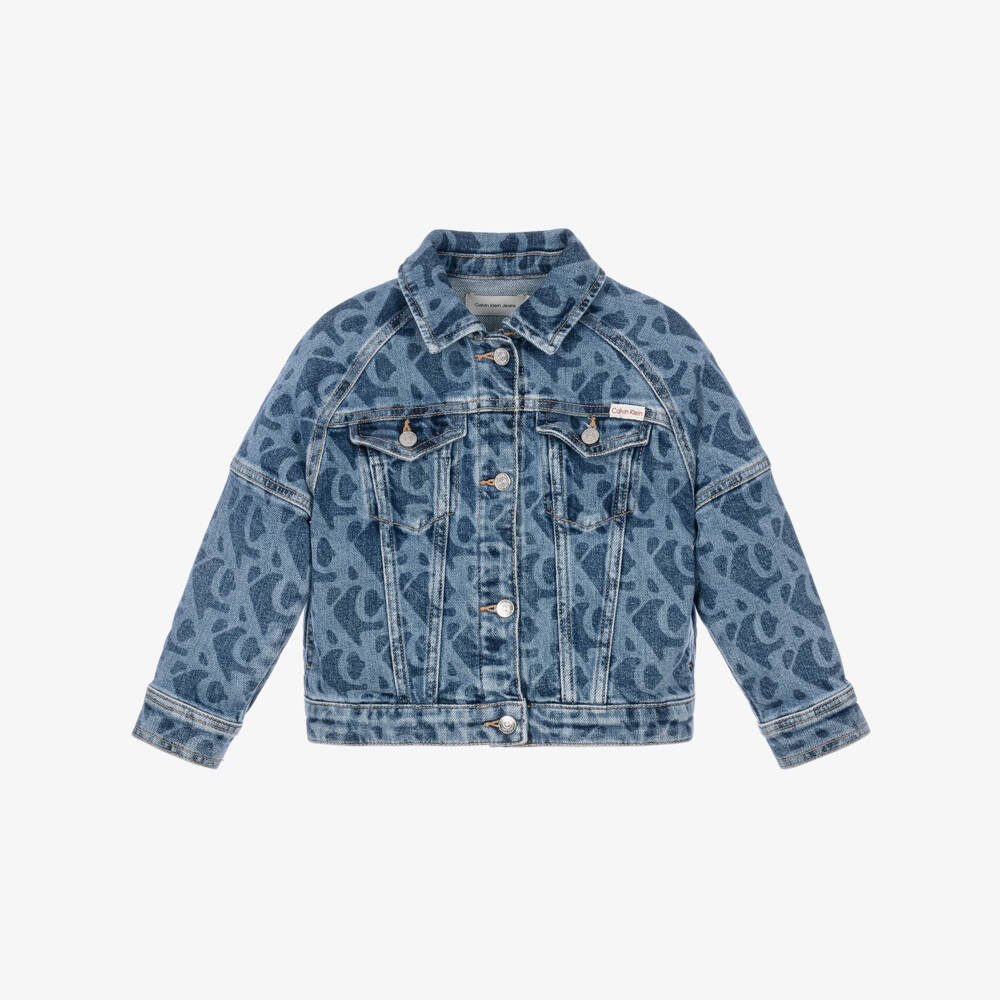 Calvin Klein-Girls Blue Printed CK Denim Jacket | Childrensalon