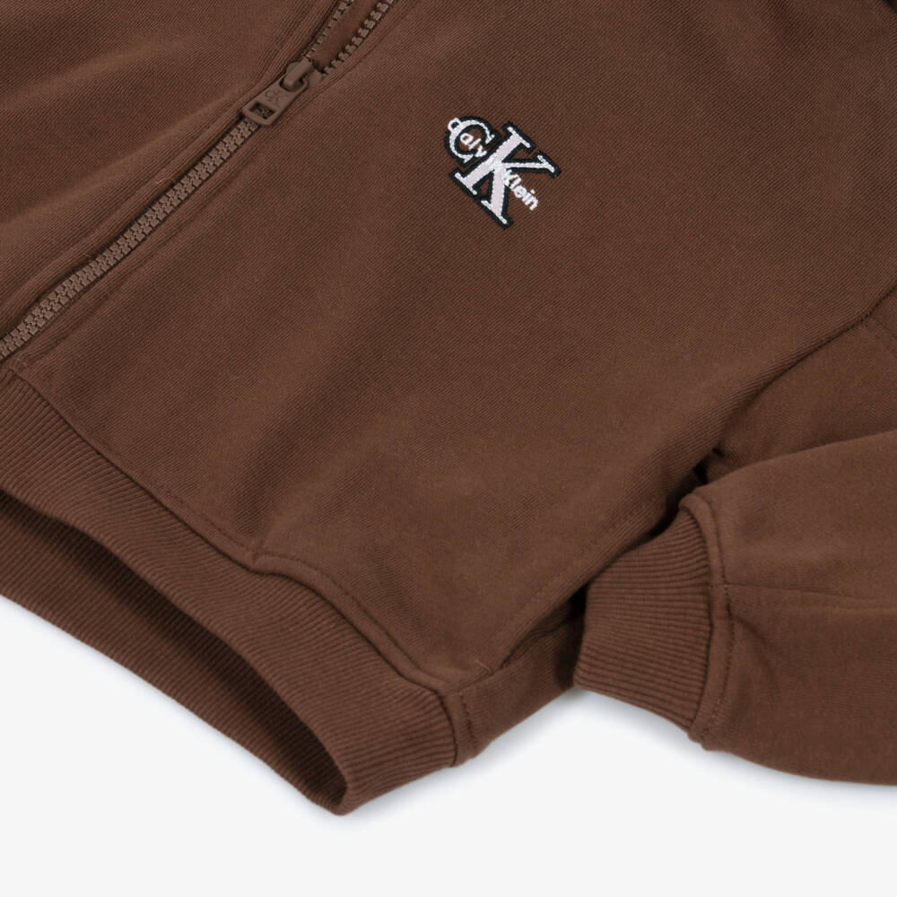 Calvin Klein-Girls Brown Cotton Boxy Zip-Up Hoodie | Childrensalon