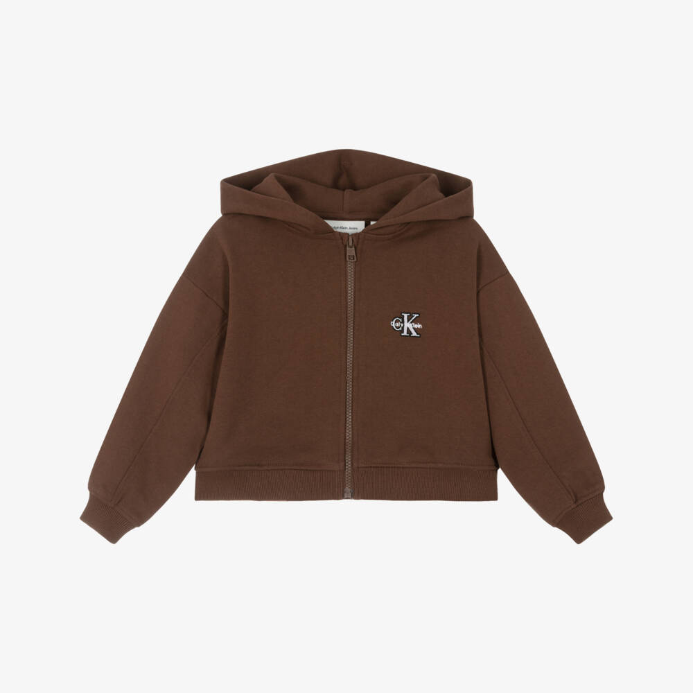 Calvin Klein-Girls Brown Cotton Boxy Zip-Up Hoodie | Childrensalon