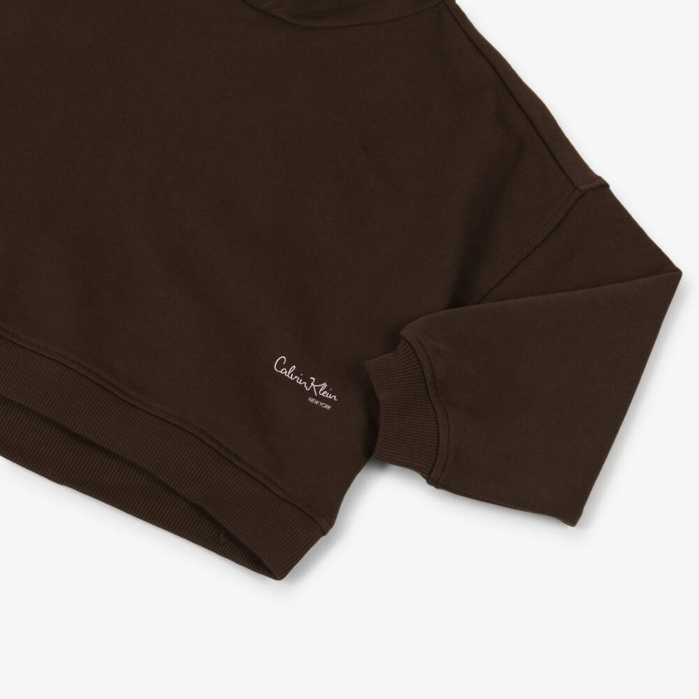 Calvin Klein-Girls Brown Cotton Hoodie with Pink Calvin Klein New York Logo  | Childrensalon
