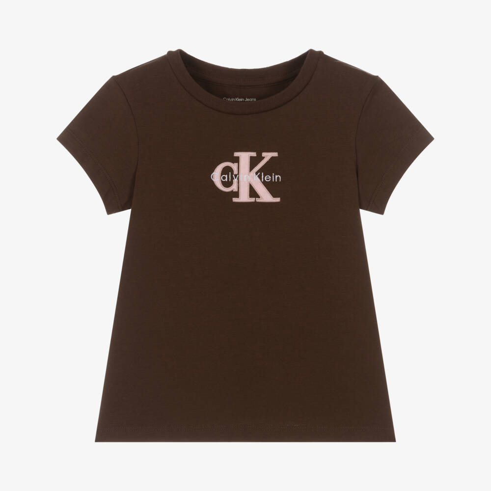 Calvin Klein-Girls Brown Cotton T-Shirt with Flocked Pink Monogram Logo | Childrensalon