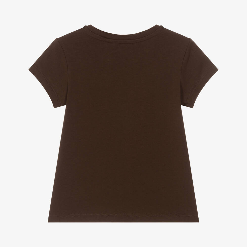 Calvin Klein-Girls Brown Cotton T-Shirt with Flocked Pink Monogram Logo | Childrensalon