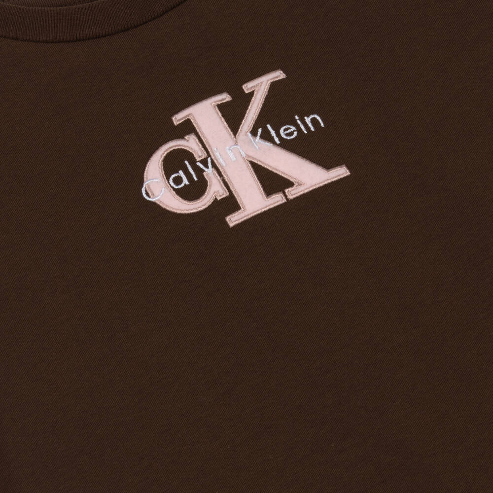Calvin Klein-Girls Brown Cotton T-Shirt with Flocked Pink Monogram Logo | Childrensalon