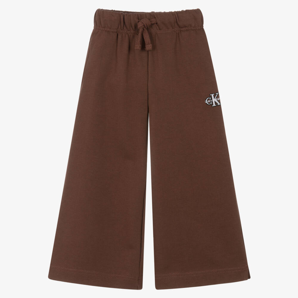 Calvin Klein-Girls Brown Cotton Wide Leg Joggers with Embroidered Logo | Childrensalon