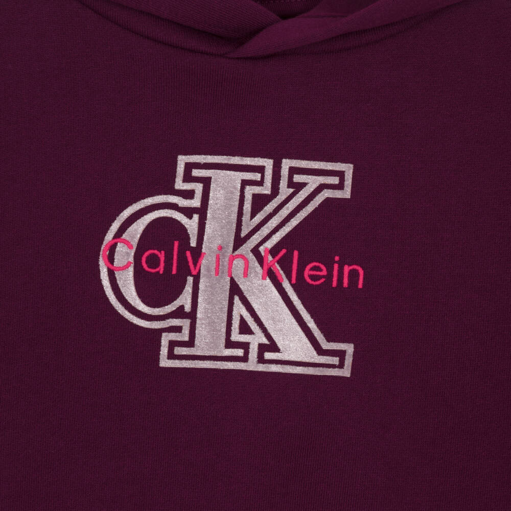 Calvin Klein-Girls Burgundy Red Cotton Hoodie with Monogram Logo | Childrensalon