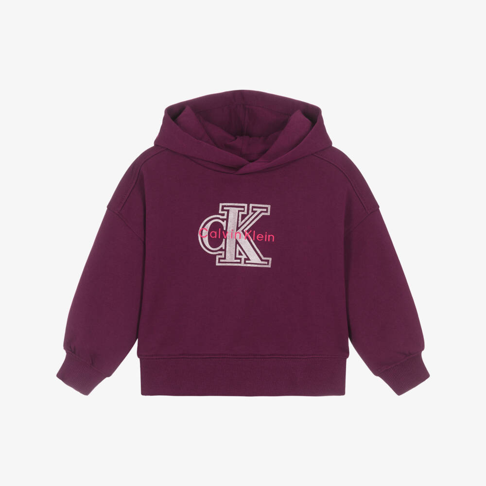 Calvin Klein-Girls Burgundy Red Cotton Hoodie with Monogram Logo | Childrensalon