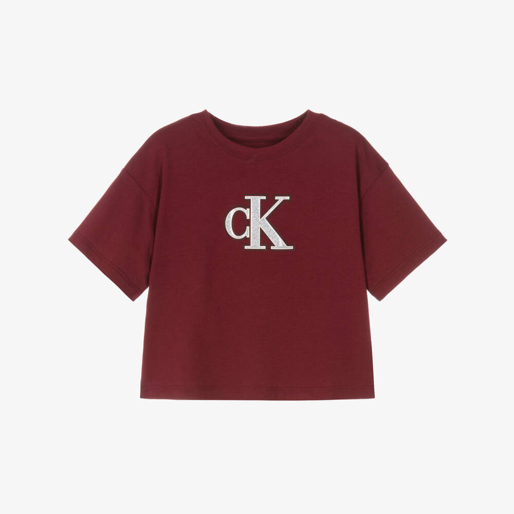 Calvin Klein-Girls Burgundy Red Cotton T-Shirt with Glittery CK Monogram | Childrensalon