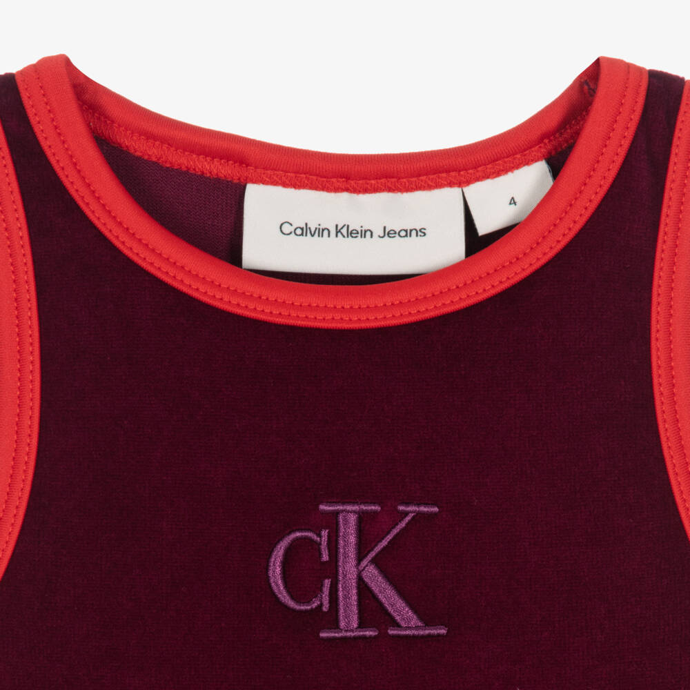 Calvin Klein-Girls Burgundy Red Velour Dress with Monogram Logo | Childrensalon