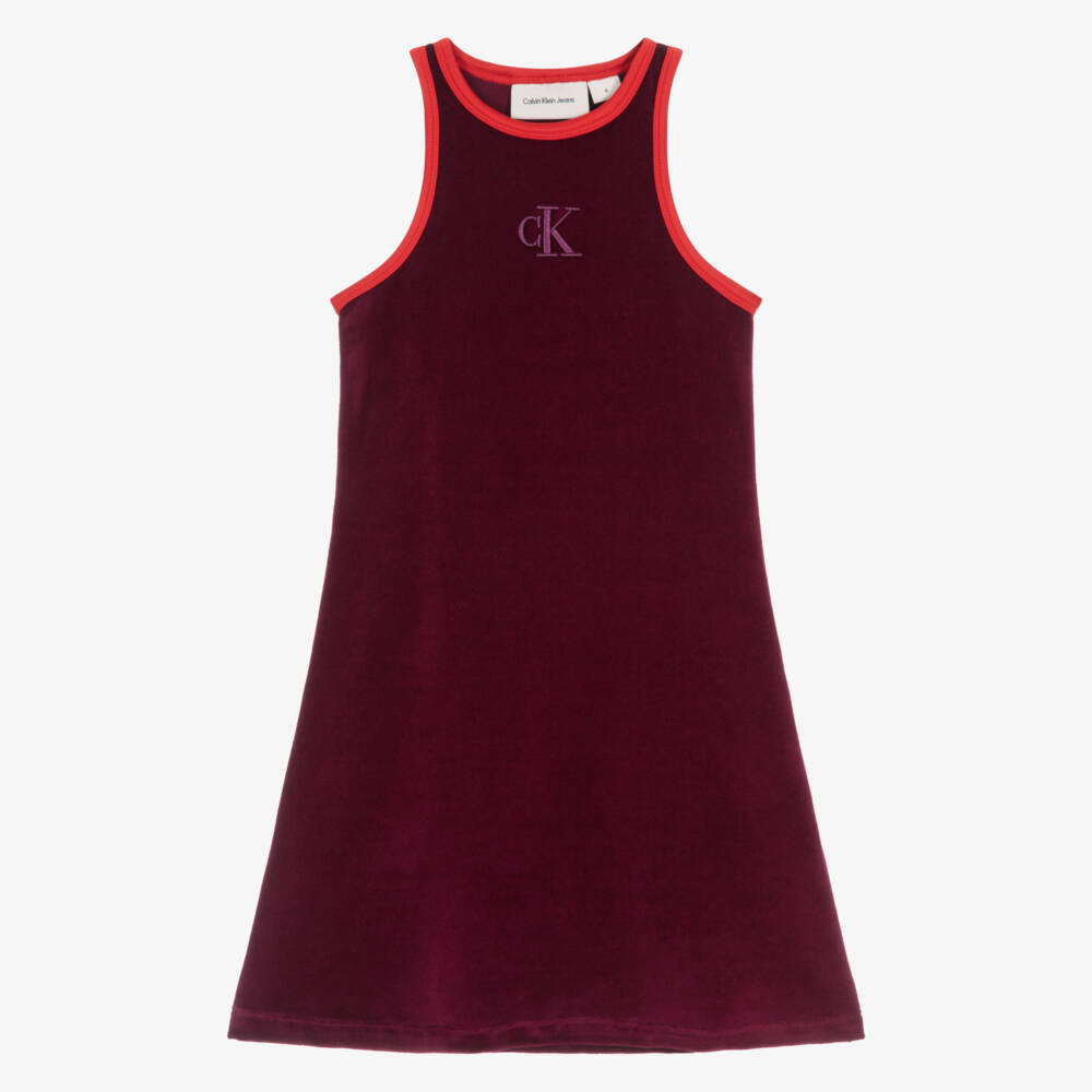 Calvin Klein-Girls Burgundy Red Velour Dress with Monogram Logo | Childrensalon