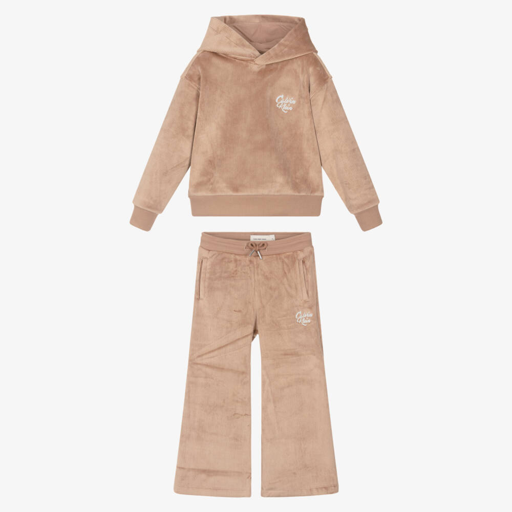 Calvin Klein-Girls Dark Beige Ribbed Velour Trouser Set | Childrensalon