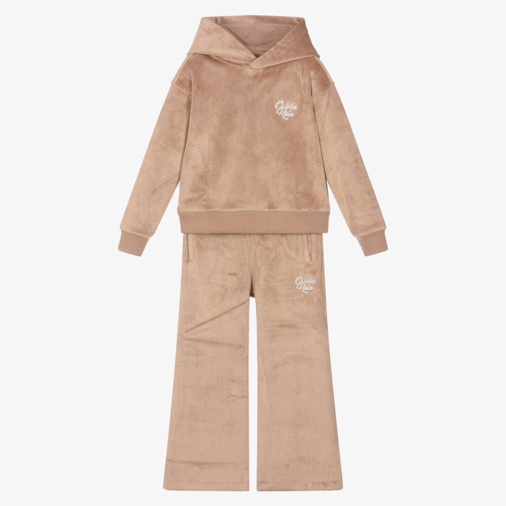 Calvin Klein-Girls Dark Beige Ribbed Velour Trouser Set | Childrensalon